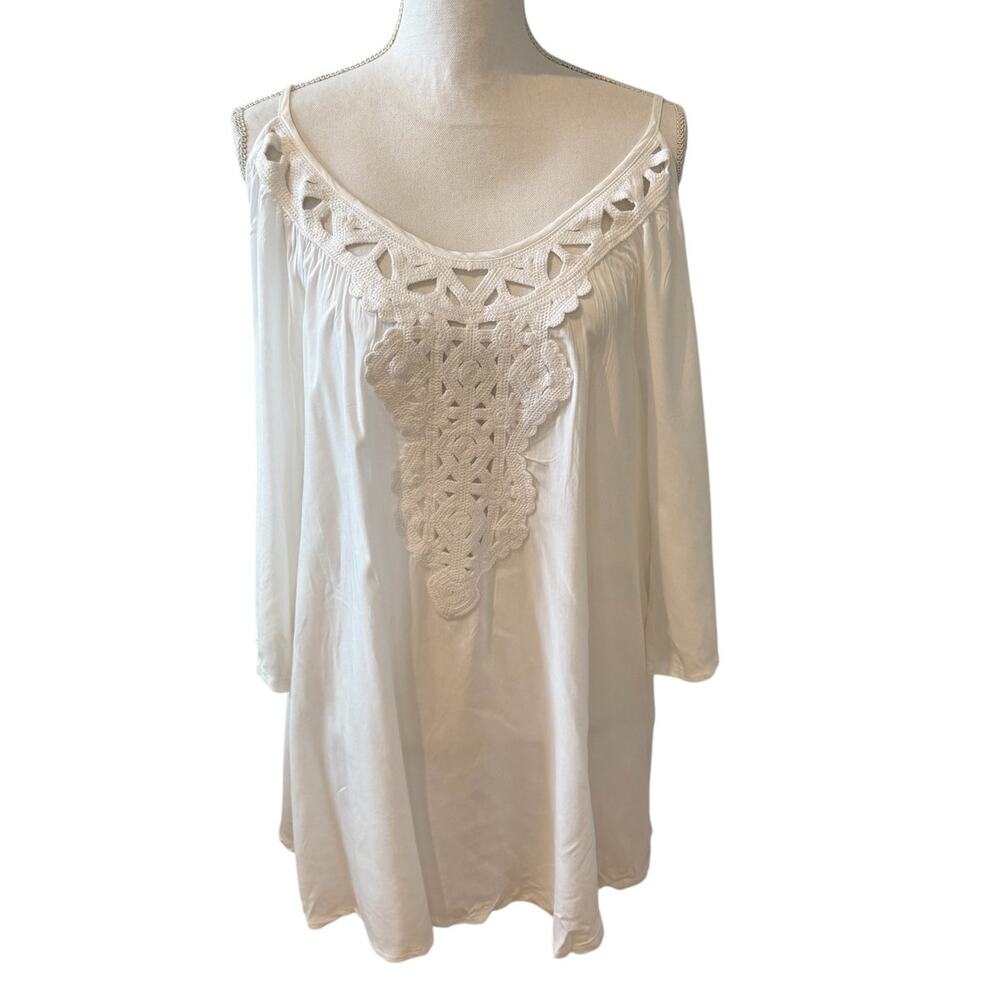 Solitaire Swim Long Sleeve Cover Up Crochet Resort Dress White S